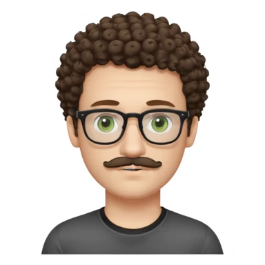 Light brunette curly haired young man with pale skin and glasses. Eyes are greenish grey and he has a moustache. Black t-shirt. sticker