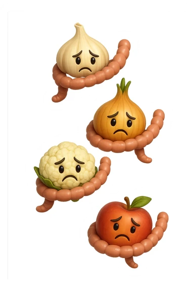 EMOJI STILE IPHONE DI aglio, cipolle, cavolfiore e mele che cadono verticalmente dall'alto con espressione triste con pezzi di colon avvolti intorno, IPERREALISTICO 4K sticker