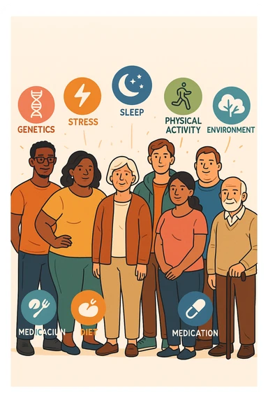 a diverse group of people of different body shapes, sizes, ages, and backgrounds stand together, each surrounded by floating icons representing factors like genetics, hormones, stress, sleep, physical activity, diet, medication, and environment. The mood is inclusive and informative, emphasizing that weight is influenced by many interconnected elements. sticker