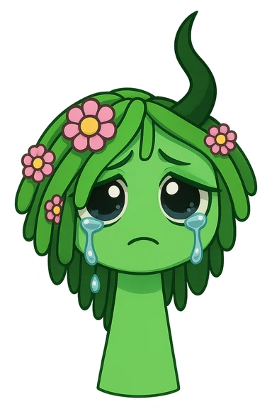 Change the green character with flower hair to a sad, teary-eyed expression, in chibi stickers style, transparent background. sticker