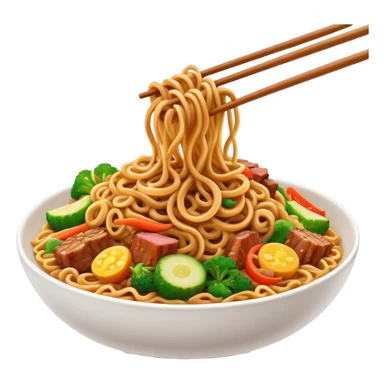 Cinematic Realistic Mie Goreng Dish Emoji, featuring stir‚Äêfried noodles with vegetables and meat rendered with dynamic textures and warm, appetizing lighting. sticker