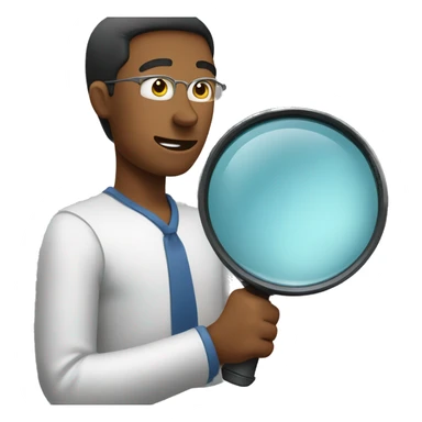 A person holding a magnifying glass, looking at a computer, from the waist up. sticker