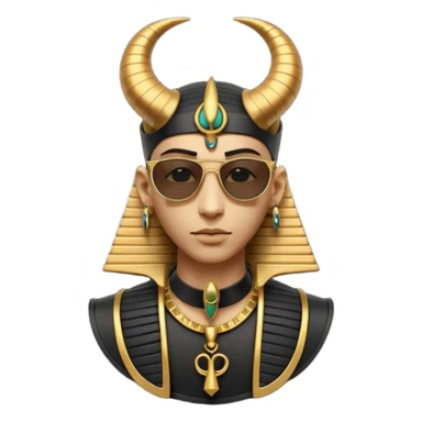 3D cartoon horned character portrait, wearing sunglasses, gothic ancient Egyptian style, pharaoh collar, dark gold and black outfit, ankh symbols, Egyptian jewelry, mysterious expression, soft dramatic lighting, centered, clean background, no text, no watermark sticker
