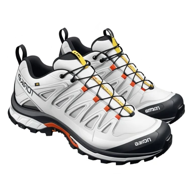 Pair of white Salomon XT-6 Gore-Tex shoes arranged with one slightly behind the other, iOS emoji style with simplified details, technical white hiking shoes with characteristic Quicklace system sticker