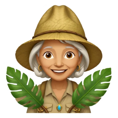 a old woman explorer with jungle wearing a large leaf headgear bye  sticker