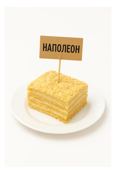 Сгенерируй мне такую же тарелку с кусочком наполеона, но что в нем торчала шпашка и на ней было написанно Наполеон  sticker