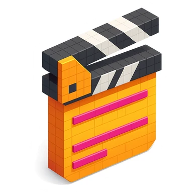 isometric view of a movie clapperboard in voxel style sticker