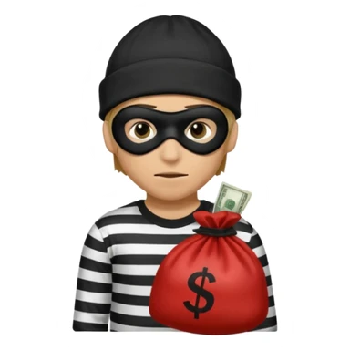 robber wears black eye mask, black beanies and black and white stibes shirt with one brown money bag beside him sticker
