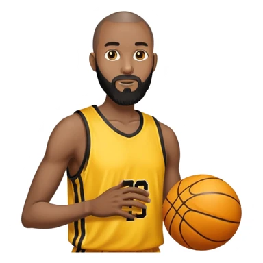 A black man with a very thin buzz cut and a long black beard, with a yellow basketball sticker