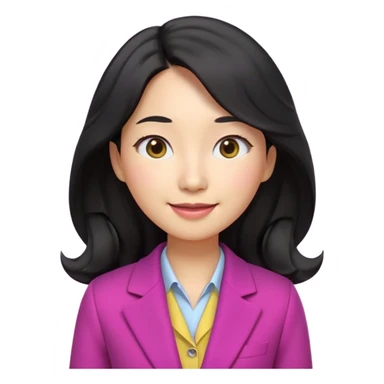 Ultra cute 3D emoji of a Korean woman, long wavy black hair, big brown eyes, small nose, warm smile, smooth pastel skin, wearing a magenta blazer over a dark top, on a solid lemon yellow background. Clean Pixar-style, soft lighting, simple shapes, no text, no background objects, high resolution. sticker