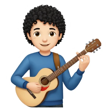 A boy with black curly hair Smiling and holdijg a guitar  sticker