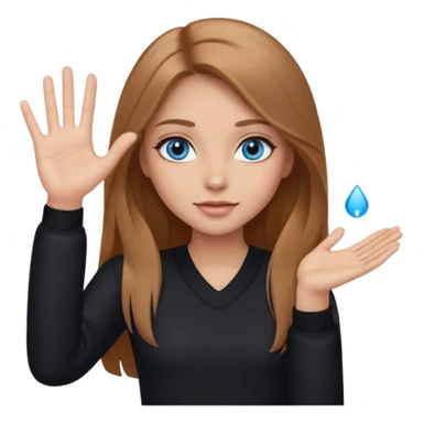 A girl with makeup, long light brown hair, blue eyes, with her palm up. with black clothes sticker
