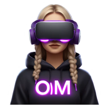 Russian girl wearing black hoody with violet letters "OMG", in vr headset oculus quest2. Standing like jedi. Cyberpunk style. Violet neon. sticker