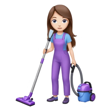 beautiful girl with long brown hair, blue eyes and wearing light purple clothes, cleaning and vacuuming sticker