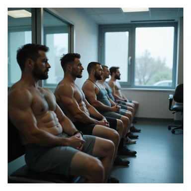 group of muscular athletes in gym clothing waiting for their turn for blood tests in a modern clinic, realistic atmosphere, hyperrealistic 4K details, clinical environment sticker