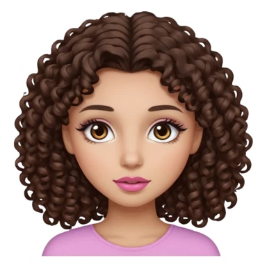 girl with curly long dark brown hair, brown eyes, light to medium complexion, long lashes, almond shaped eyes, light pink lipstick sticker