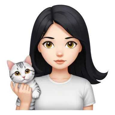 Long black hair beautiful girl wearing a white short-sleeved shirt tightly holding an American shorthair sticker