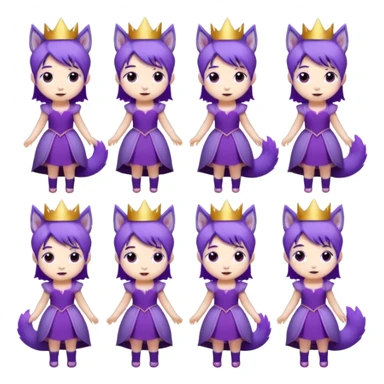 A collection of twelve chibi-style illustrations of a cute princess wearing a purple dress and crown with purple hair and purple wolf ears and purple wolf tail character. Each square shows the character doing something different against a white background And make a gap between each illusion sticker