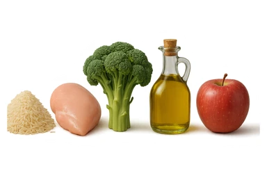 Riso basmati
Petto di pollo
Verdura fibrosa verde
Olio EVO
Mela
vista frontale, iperrealistico 4k sticker