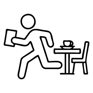 dine and dash, icon style, a person holding a bill running from a dining table, outline, clear action sticker