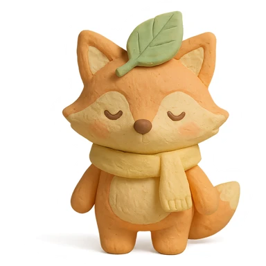 fox wearing a leaf hat and scarf, cute autumn soft style, soft pastel colors, claymation style sticker