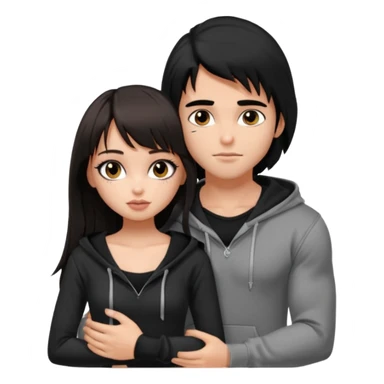 generate a pretty bratz girl in black cami top, dark brown straight long hair with bangs, eyeliner on, 

hugging a handsome muscular boy with black hair and a grey hoodie sticker