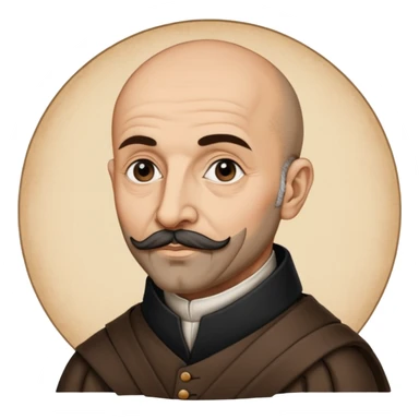 a hand drawn black outline portrait of philosopher Montaigne with similar-sized eyes based a famous portrait of him sticker