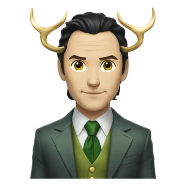 marvel's loki dressed in a grey suit and green tie with loki's golden horns sticker