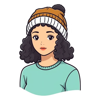 woman with dark curly hair and a beanie sticker