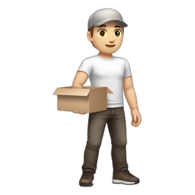 Pale skinned fit Man with dark brown hair in a light gray cap, dark brown jeans, brown polo and white T-shirt keeping a pasted with tape white box into his hands sticker