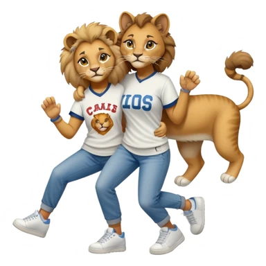 friendly anthropomorphised female lion in a baseball shirt, jeans, and trainers helping a hiphop female cat up after falling sticker