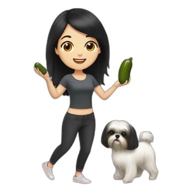 white woman with black long straight hair dancing salsa while eating pickles with a shih tzu dog sticker