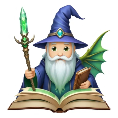 Icon for Fantasy and Sci-Fi Literature: a magical book with glowing pages, surrounded by a dragon, a spaceship, and a wizard with a staff. The icon should capture the adventurous and imaginative world of fantasy and science fiction. Transparent background. sticker