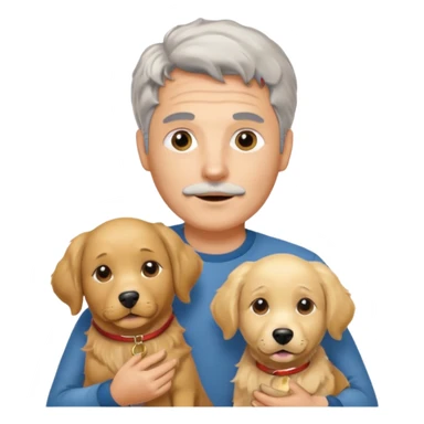 Italian man with no moustache with salt and pepper hair holding a golden retriever and a labrador dog sticker