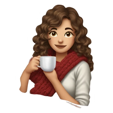 26 year old wonan with brown soft wavy hair and curtain bangs who crochets on the sofa with a blanket on herself. Near her there is a cup of tea. It’s Christmas time sticker