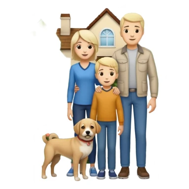 1 Father 1 Mother and 1 young boy who is half as tall as the parents, standing in front of their house with a dog next to them. Everyone should look VERY happy. There MUST be a house behind them with trees and plants sticker