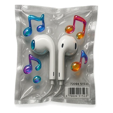 pair of white EarPods with floating multicolored glassy music notes around, shiny and inflated sticker