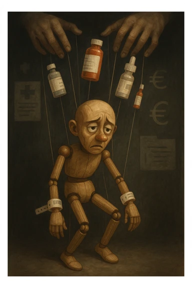 a marionette puppet with hospital bracelets and medication bottles as strings is controlled by unseen hands from above. The puppet’s face shows confusion and fatigue, representing the feeling of being managed by an invisible system. The background is dark, with faint images of medical charts and euro signs. in italiano sticker