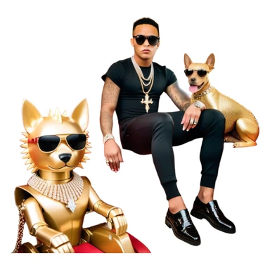  Celebrity Internet Marketer & His Peruvian IG Model Hot Girlfriend: Known As Josh King Madrid, Designer Fit, 3 Diamond Tennis Chains, Golden Sparkle Private Jet Parked Behind Him, Seated On A Massive Gold Throne, Sunglasses On, Famous Instagram Bikini Model Tefi Valenzuela On His Lap, AI Robot Dog Next To His Spiky Diamond-Crusted Louboutin Red Bottoms. Emoji style  sticker