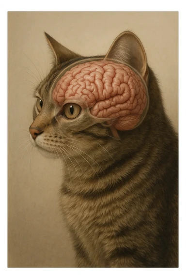 cat with a brain, realistic style sticker