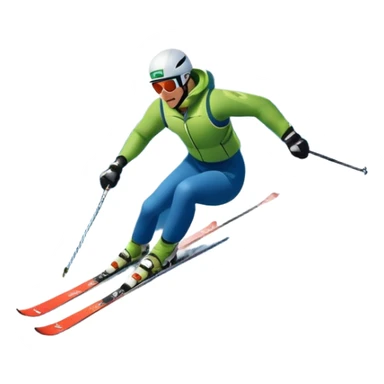 An icon featuring snowy peaks, pine trees, and a picturesque mountain landscape with a skier racing down a snow-covered slope. The sky is blue with soft clouds, capturing the thrill and beauty of alpine skiing. Transparent background highlights the excitement and serenity of winter sports. sticker
