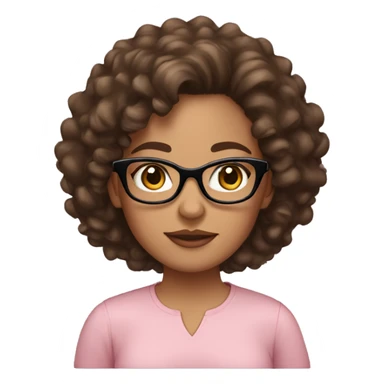 A women with brown medium curly hair, light skinned, full cheeks, black glasses, blush pink shirt sticker