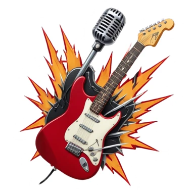 Create a fierce and edgy emoji representing hardcore rock vocal performance in a humanless collage. The design should feature a vintage microphone at the center, Add crossed drumsticks behind the microphone to symbolize the rhythm and power of the drums. surrounded by a menacing, distorted electric guitar with sharp, aggressive angles. Include subtle elements like lightning bolts, flames, or jagged sound waves to evoke the raw energy and intensity of hardcore rock. Use dark, intense colors like black, red, and silver, with a metallic, gritty finish to convey the rebellious, aggressive spirit of the genre. The background should be transparent. sticker