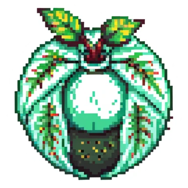 Green digital bomb animation frame 1, round bomb body with green highlights, full-length leaf-shaped fuse at top, nature-inspired design, pixel art style sticker