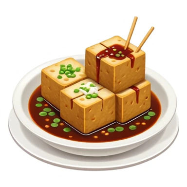 Changsha stinky tofu with dark appearance and sauce, simplified emoji style with bold outlines and bright colors, cartoon style Hunan specialty street food sticker