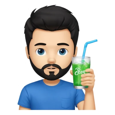 generate a pretty bratz boy with a messy black hair, drinking sprite, bearded, blue tshirt sticker