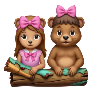 a girl beaver and a boy beaver on a log. give the girl beaver eyelashes and a bow on top of her head sticker