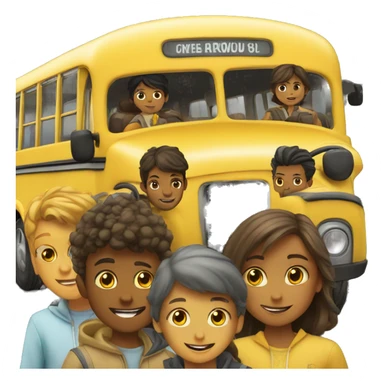 a yellow bus with 4 boys and 4 girls in it sticker