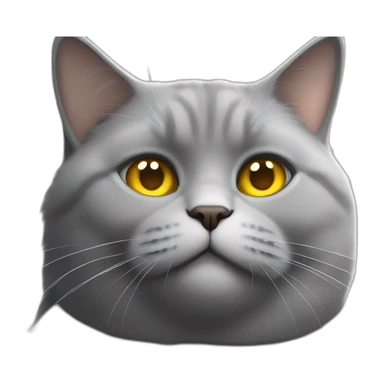 Fat Russian grey cat with golden eyes and a white spot of hair sitting like a person sticker