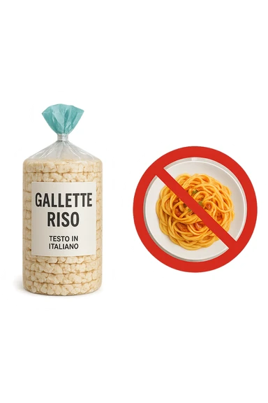 confezione di gallette di riso con accanto un piatto di pasta con divieto sopra, in italiano,  realistici sticker
